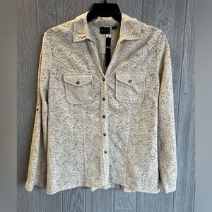 NWT Tribal Button Down Shirt Womens Medium Beige Oatmeal Floral Textured
